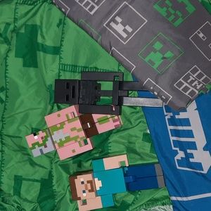 3 Minecraft figures, 1 fitted sheet, 1 regular top sheet  & 1 pillow case